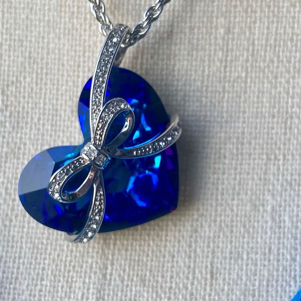 Prime Art & Jewel Blue Sapphire CZ Crystal Heart Pendant Necklace 18" PAJ